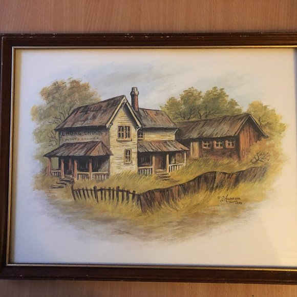 J Anderson 1978 art print CHUNG CHUCK POTATO GROWER FARM HOUSE Framed vintage - Picture 1 of 7